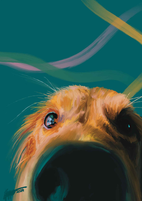 Golden Retriever Nose Boop Art Print - Close-Up Dog Portrait Painting with Brown Eyes and Golden Fur on Teal Background - Wall Art for Dog Lovers