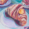 A square, colorful, textured oil painting of a croissant on a plate with a colorful background