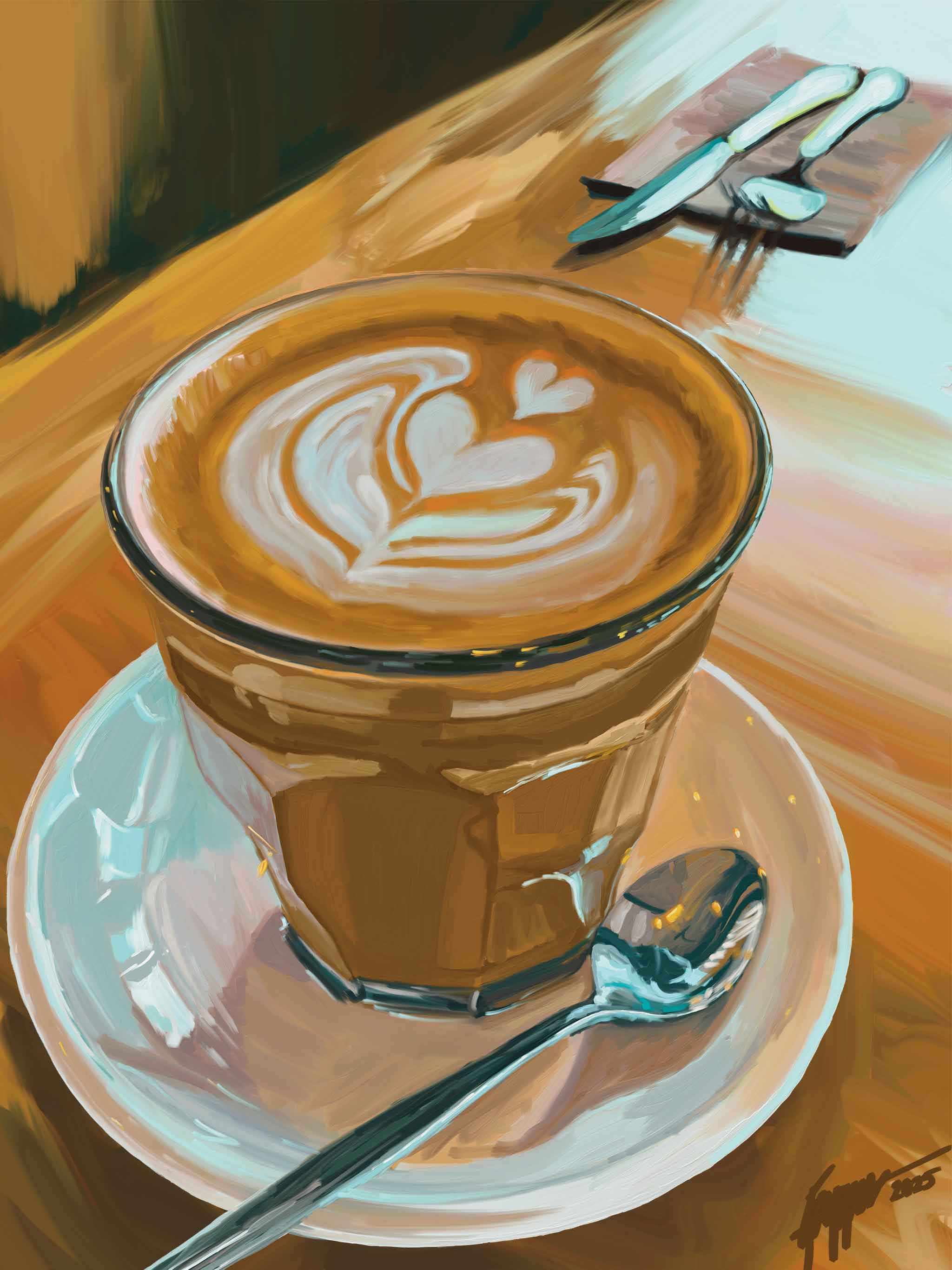 Digital Painting of coffee in glass with latte art on a saucer with a spoon, on a wooden table.