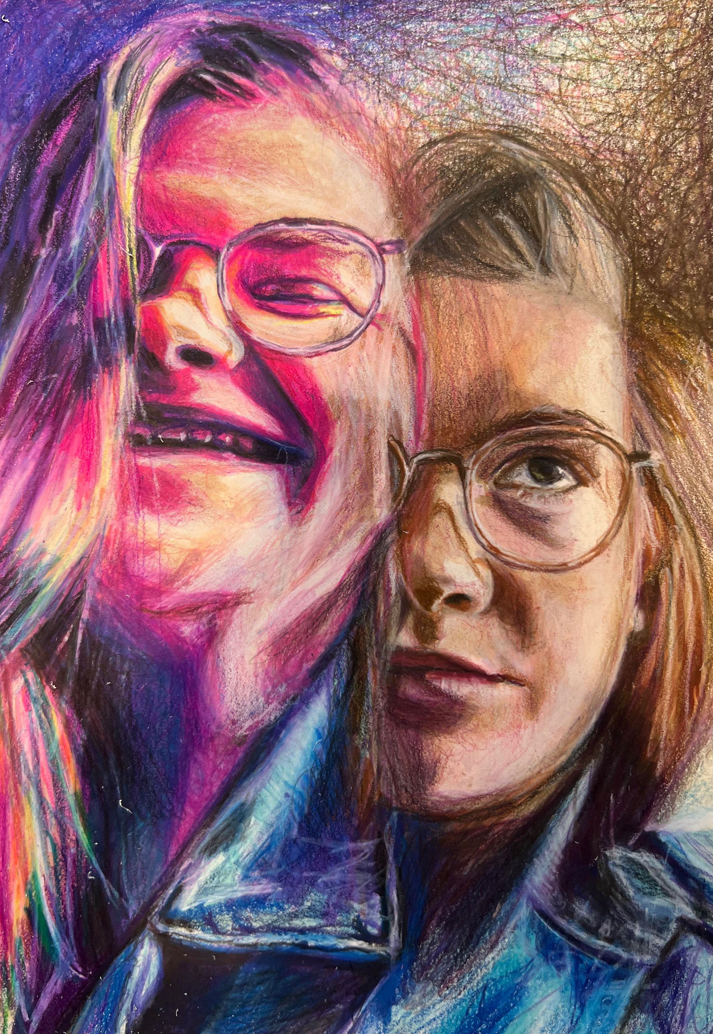 Surreal self portrait by Liz Pepper depicting herself smiling blissfully on the left in vibrant pink and purple colours overlaid upon a true-to-life portrait of herself with a neutral expression on her face, in natural colours on the right.